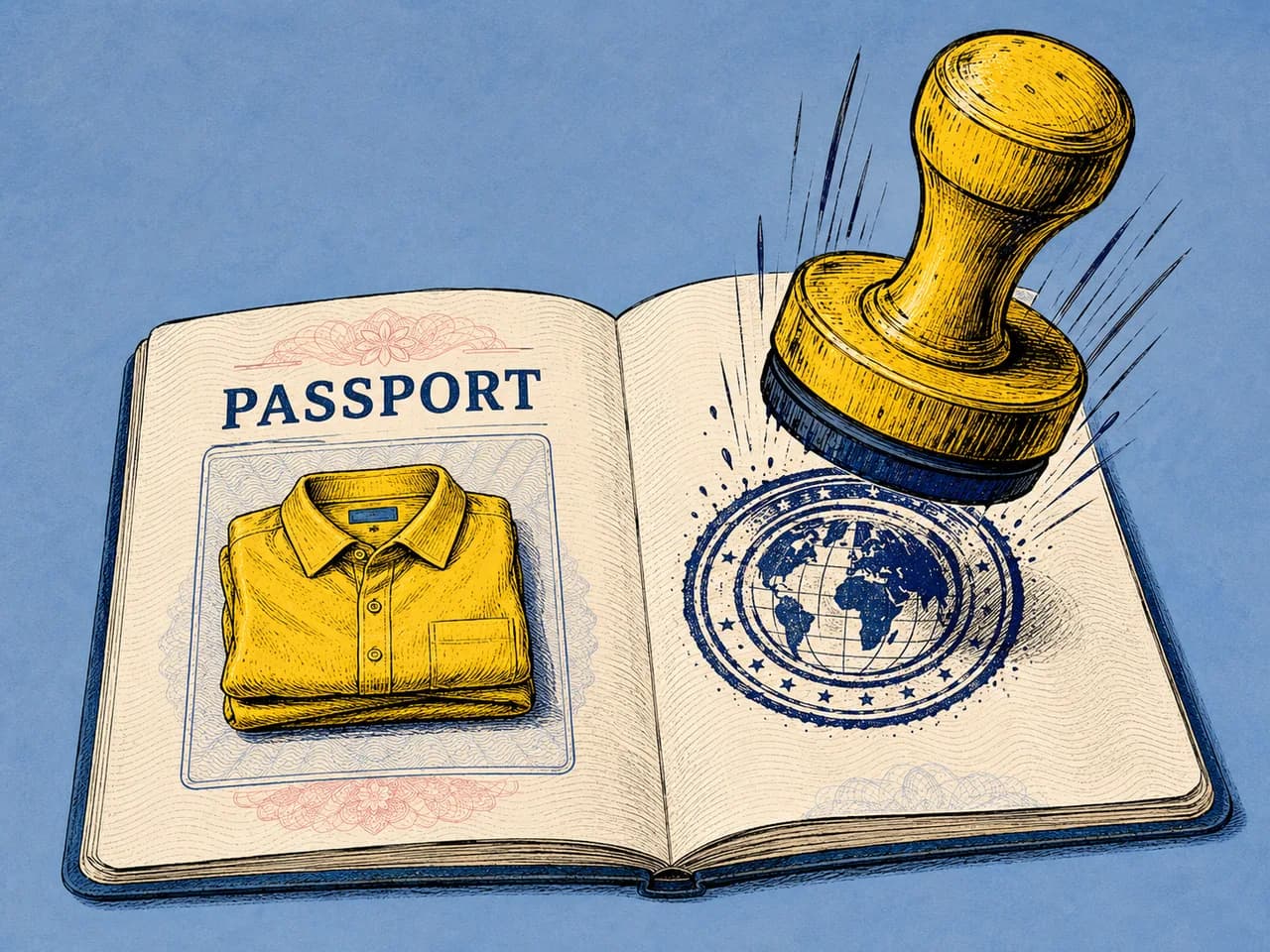 Illustration of an oversized rubber stamp pressing a seal into an open passport booklet that holds a folded garment as its passport photo