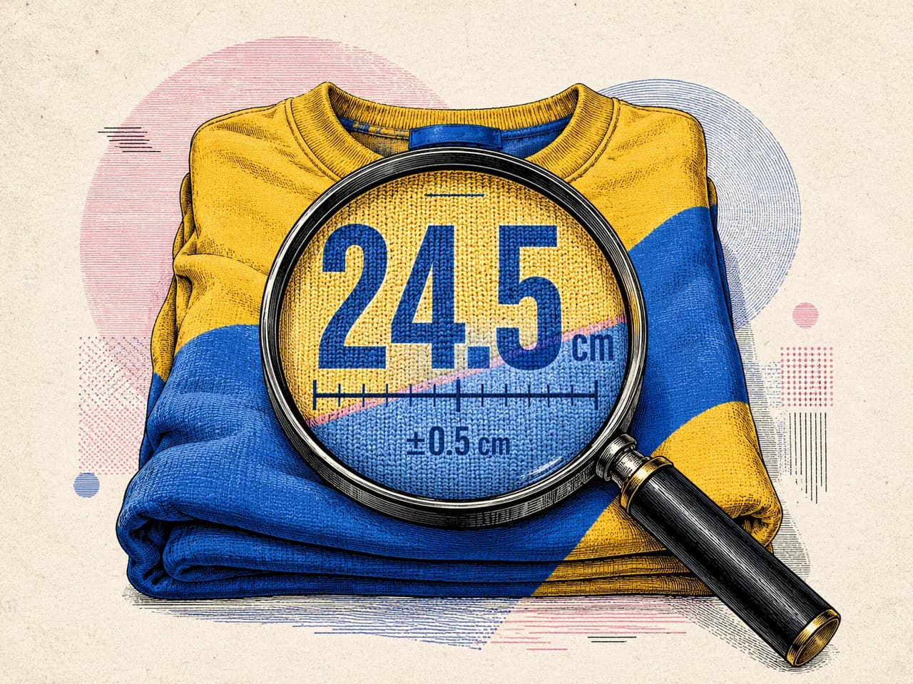 Illustration of a magnifying glass over a folded garment revealing bold measurement digits