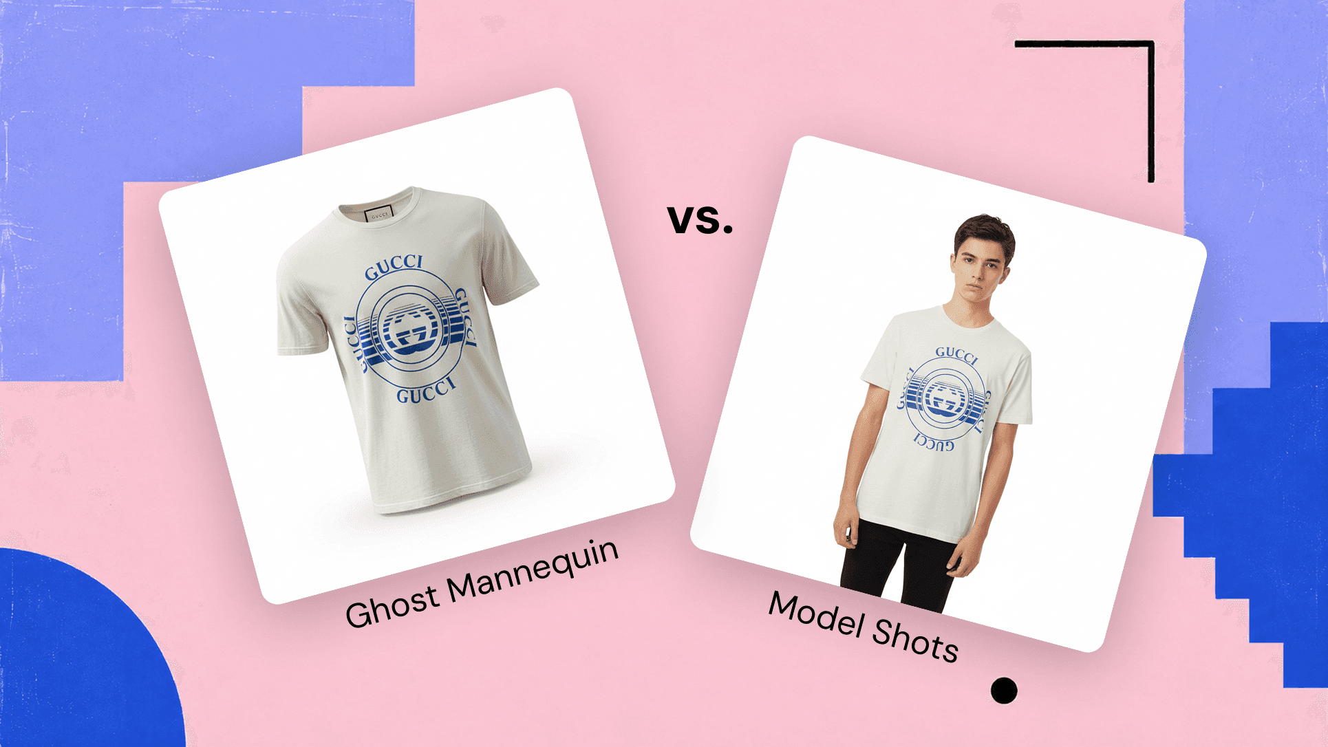 Cover illustration comparing ghost mannequin and model shot product photography