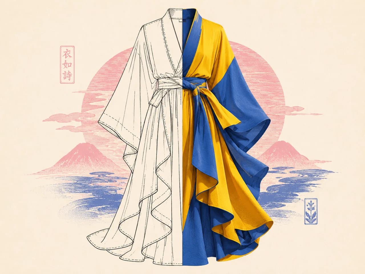 Illustration of a garment split between a technical flat drawing and a real color-blocked textile