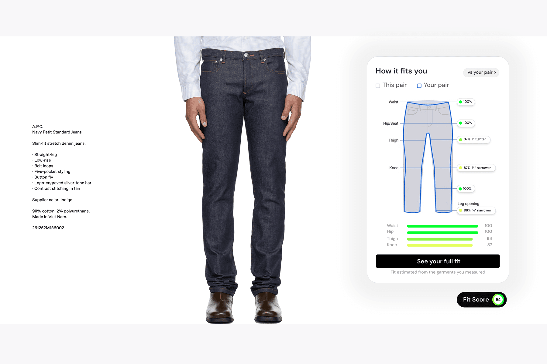 Product-page fit-comparison widget: a pair of jeans with the shopper's owned pair overlaid as a measured outline, per-point fit scores, and an overall 92% fit readout.