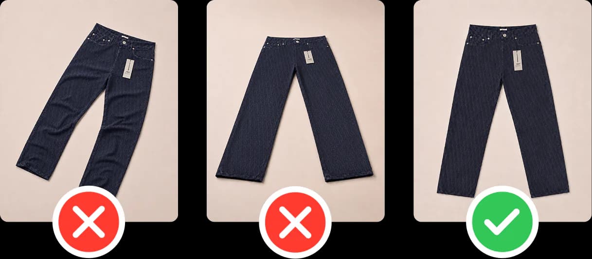 Three photos of dark jeans: shot at an angle (marked wrong), laid flat with wrinkles (marked wrong), and laid flat and smooth, shot from straight above (marked right).