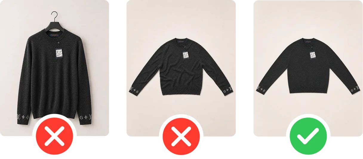Three photos of a dark long-sleeve sweater: on a hanger (marked wrong), laid flat with wrinkles (marked wrong), and laid flat and smooth, shot from straight above (marked right).