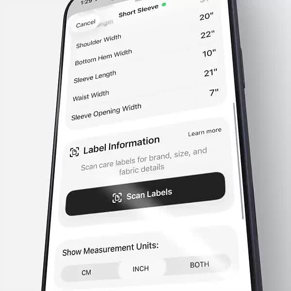 Size AI label scanner demo showing instant extraction of brand, size, fabric composition and care instructions